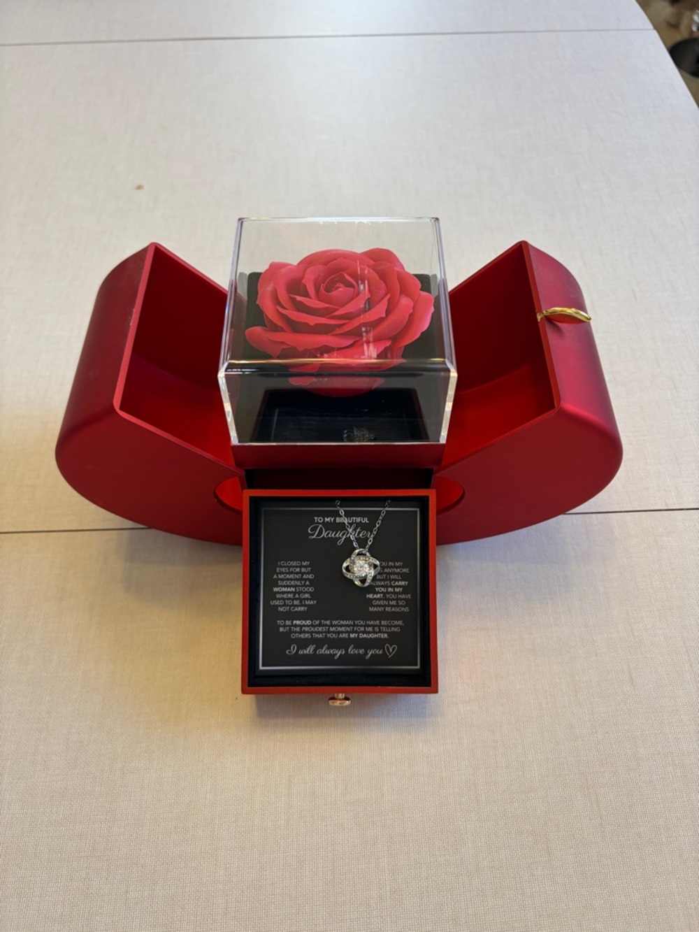 Heart Pendant Necklace Gift Set with Red Rose - For Daughter